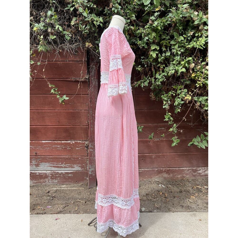 Vintage 60s Pink Lace Bell Sleeve Mexican Pintuck Wedding Bridal Maxi Dress - Picture 4 of 8